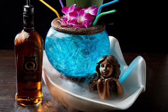 Sultry-Siren Don Q with blue orb glass